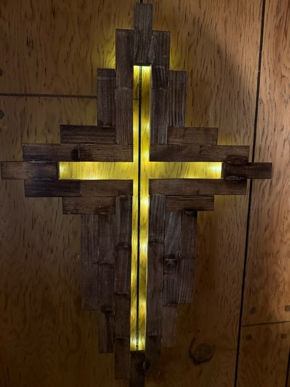 Illuminated Wooden Cross Wall Art - Yellow LED Accent